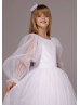Long Sleeves White Velvet Tulle Modest Flower Girl Dress